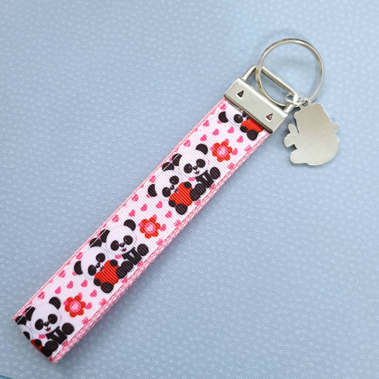 Adorable Pandas Holding Hearts Key Fob Wristlet, Panda Key Chain With ...