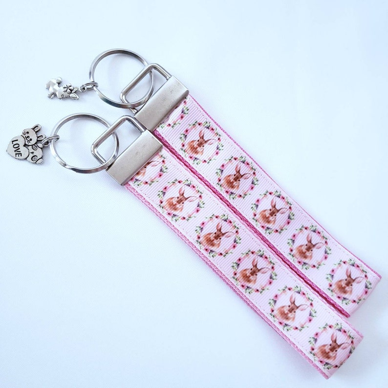 Watercolor Bunny in a Wreath Silver Key Fob Wristlet Bunny Key Chain with Silver charm of your choice