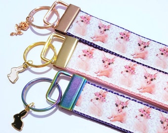 Watercolor Bunny in a Wreath Silver Key Fob Wristlet Bunny Key Chain with Silver charm of your choice