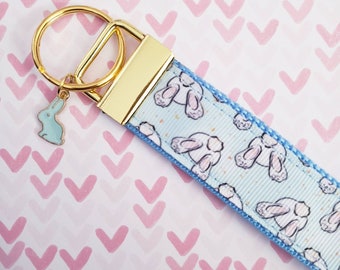 Watercolor Bunny in a Wreath Silver Key Fob Wristlet Bunny Key Chain with Silver charm of your choice