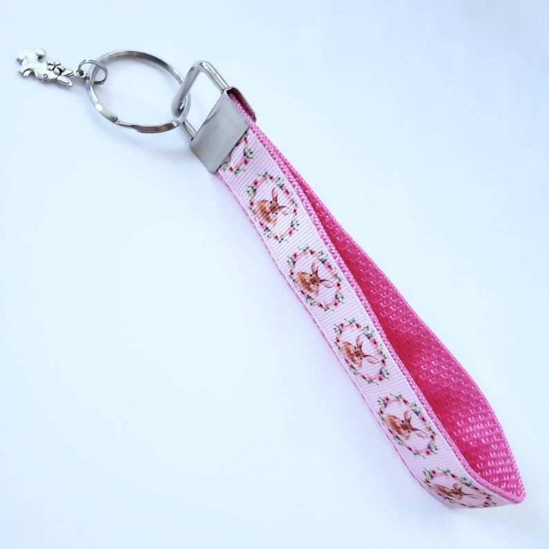 Watercolor Bunny in a Wreath Silver Key Fob Wristlet Bunny Key Chain with Silver charm of your choice