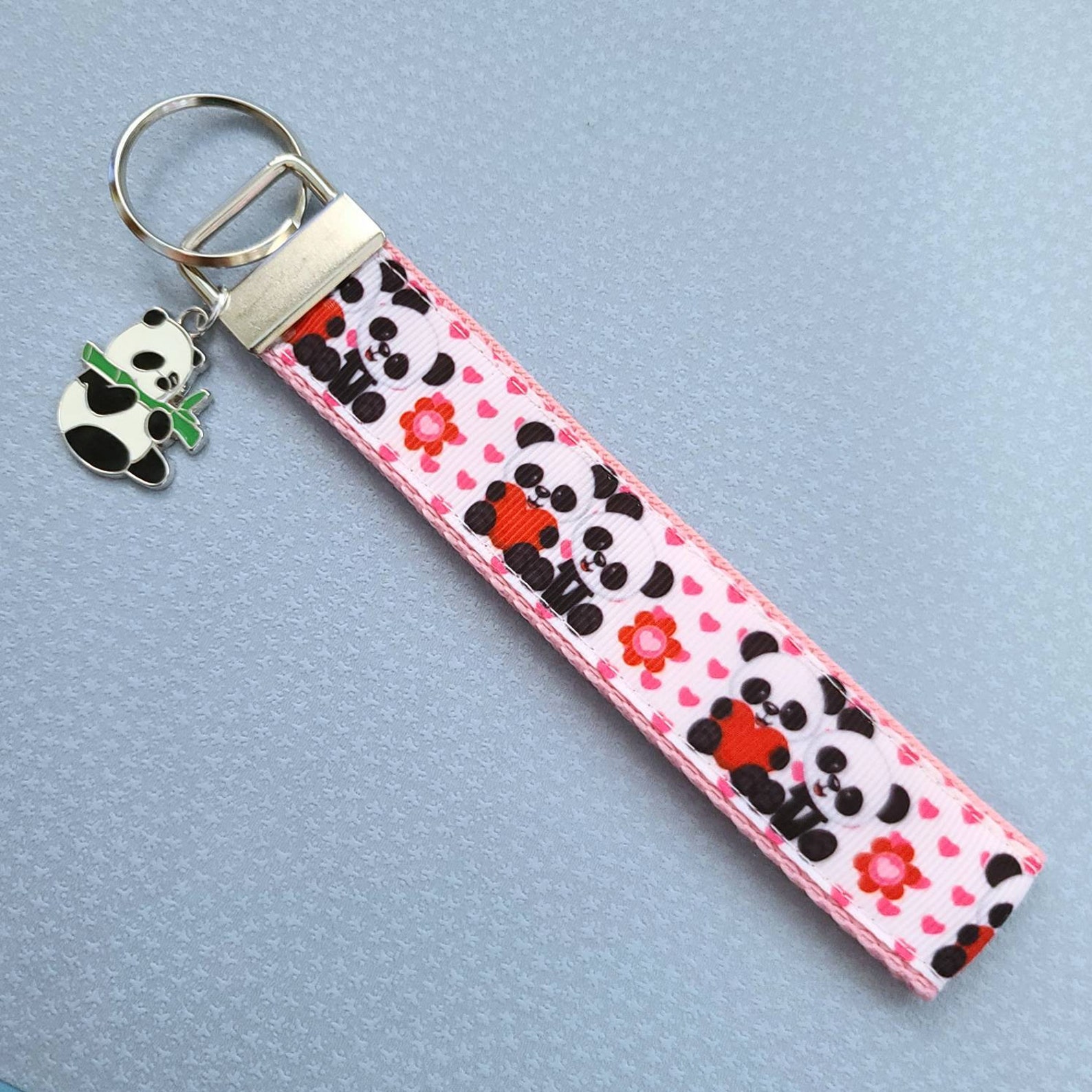 Adorable Pandas Holding Hearts Key Fob Wristlet, Panda Key Chain With ...