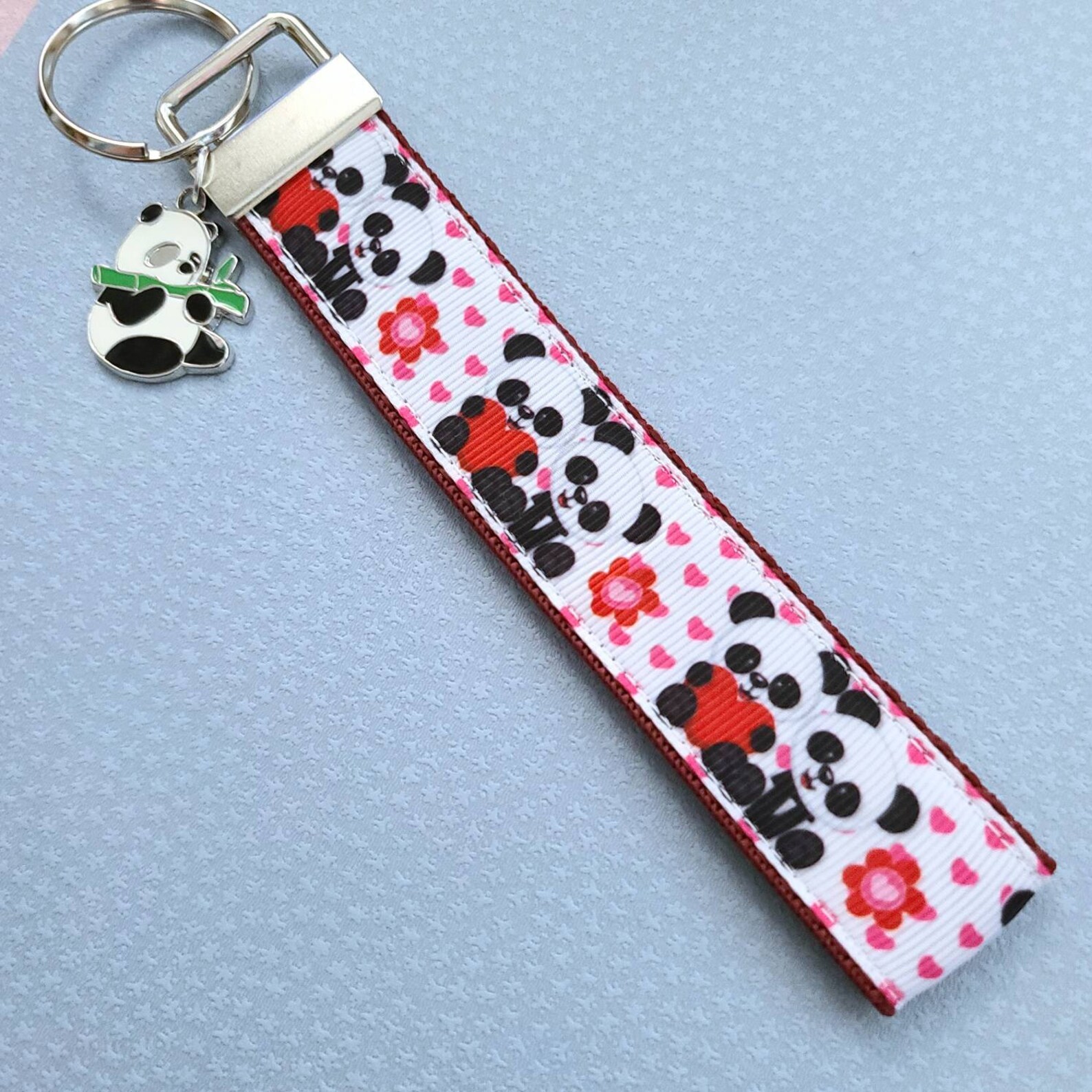Adorable Pandas Holding Hearts Key Fob Wristlet, Panda Key Chain With ...