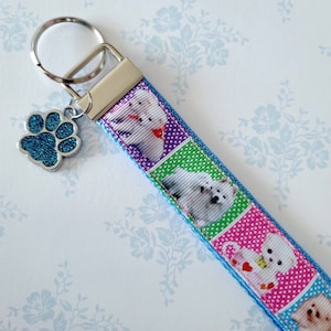 Adorable White Samoyed Eskimo Puppies Teacup Key Fob Wristlet / White Dog Key Chain with Enameled Glitter Paw Print Charm