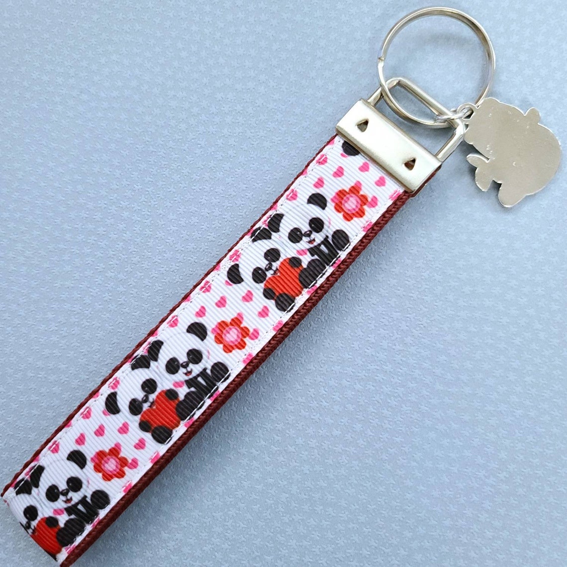 Adorable Pandas Holding Hearts Key Fob Wristlet, Panda Key Chain With ...