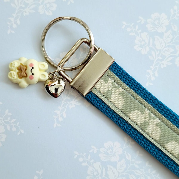 Bunnies In Love on Blue Key Fob Wristlet, Bunny Keychain on Silver with Cute Bunny & Heart Charms