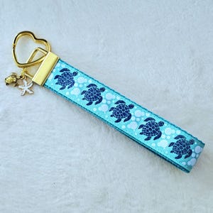Glittery Sea Turtles Heart Key Fob Wristlet / Turtle Key Chain with Turtle & Starfish Charm