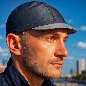May include: A dark navy blue cycling cap with a short, grey brim. The cap features a small, rectangular tag on the side displaying horizontal stripes of blue, yellow, and red. The crown is constructed from multiple panels with visible stitching.