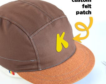 Custom strapback cap, Brown and burnt orange cotton 5 panel hat