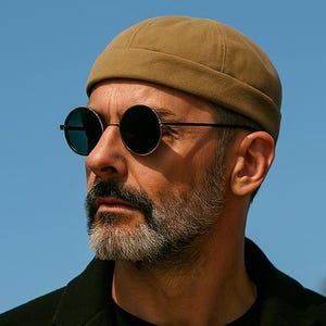 Puede incluir: Dos personas con gorros estilo docker de color tostado. Una persona viste un abrigo negro sobre una camiseta negra y gafas de sol redondas. La otra persona lleva un cárdigan de canalé marrón sobre una camiseta a rayas negras y blancas.