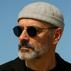 以下が含まれることがあります： グレーのビーニー帽と黒い服を着た2人が、青い空を背景に立っています。一人は丸いサングラスと黒いブレザーを着ています。もう一人はストライプのシャツと茶色のジャケットを着ています。