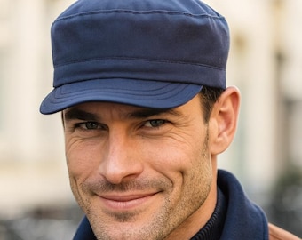 Soft brim cycling cap in navy color, Handmade cotton army style hat