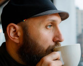 Black cotton army cap, Short grey brim, Minimalist