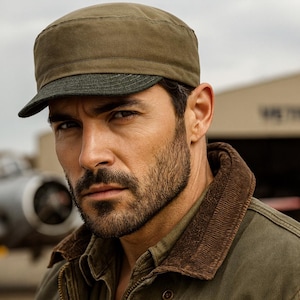 Crocodile green army hat with soft brim, Handmade cotton cap