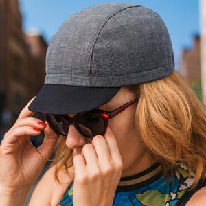 Plaid Cotton Cycling Cap: Grey Bike Hat, Flip Up Brim, S-M-L sizes
