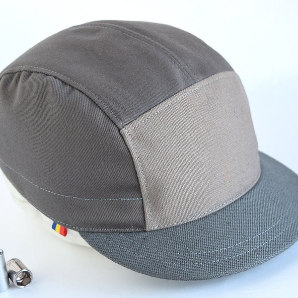 Army 5 Panel Hat, Military Cycling Cap, Upcycled front panel,  Three shades of gray