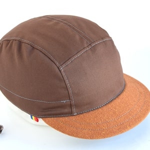 Brown and burnt orange strapback cap, Cotton 5 panel hat, Medium brim baseball cap
