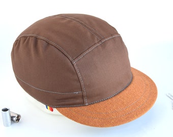 Brown and burnt orange strapback cap, Cotton 5 panel hat, Medium brim baseball cap