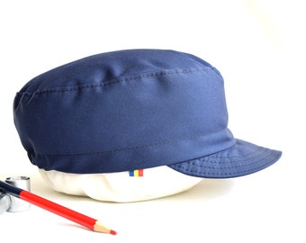 Soft brim cycling cap in navy color, Handmade cotton army style hat