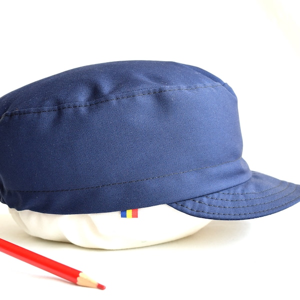 Soft brim cycling cap in navy color, Handmade cotton army style hat