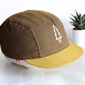 Brown and mustard yellow snapback hat, Embroidered 5 panel hat, Pine tree embroidery