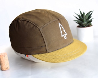 Brown and mustard yellow snapback hat, Embroidered 5 panel hat, Pine tree embroidery