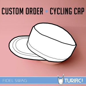May include: A white cycling cap with a black outline. The cap has a brim and a crown. The text "CUSTOM ORDER * CYCLING CAP" is above the cap. The text "FIDEL SWAG" is below the cap. The text "TURIFIC!" is in the bottom right corner of the image.