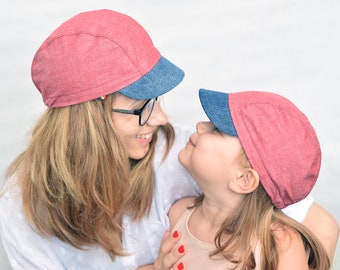 Red and Blue Cycle Cap. Cotton cycling hat with upcycled brim.