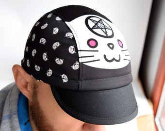 Black cycling cap with satanic cat print, Spandex cycle hat, Pentagram goat 666, Atheist
