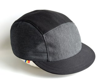 Grey and black snapback hat, Cotton 5 panel hat, Medium brim baseball cap