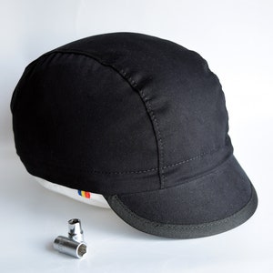 All black cycling cap. Cotton cycle hat with city state name on the brim image 6