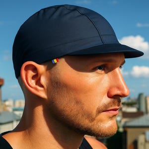Puede incluir: Una gorra de béisbol azul marino con una visera corta y estructurada, que presenta una pequeña etiqueta rectangular con rayas azules, amarillas y rojas en el lateral. La gorra está confeccionada en un tejido liso y sólido con costuras visibles.