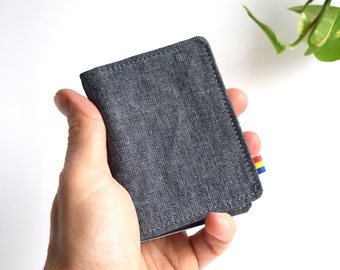 Cards Wallet. Small vegan wallet in grayish blue denim. Slim, minimalist and partially upcycled.