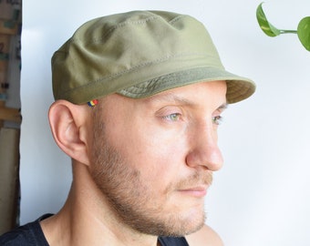 Light khaki hat, Soft brim cycling cap, Handmade cotton hat, Army style cap