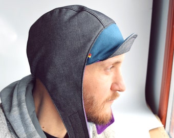 Gray and teal cotton aviator hat : Unisex winter cycling cap, for adults and kids.