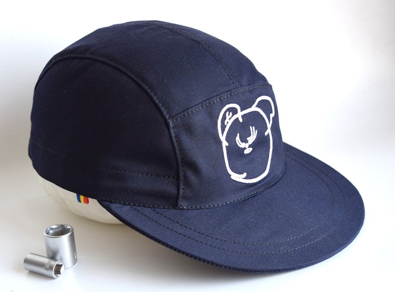 Navy blue cotton snapback hat Embroidered 5 panel hat Cat drawing cap Cat embroidery