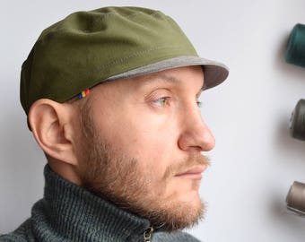 Khaki cycling cap, Army style with a twist, For him Kepi hat, Very SMALL sizes available