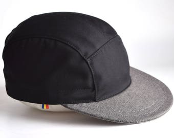Black snapback hat with gray brim, Cotton 5 panel hat, Gray brim baseball cap, Snap back cap, Black 5 panel