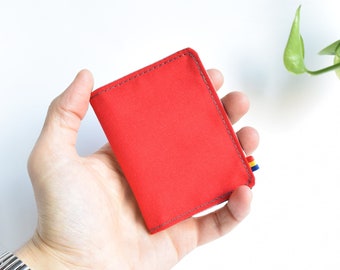 Cards wallet in bright red Cordura. Minimalist vegan wallet. Small bifold.