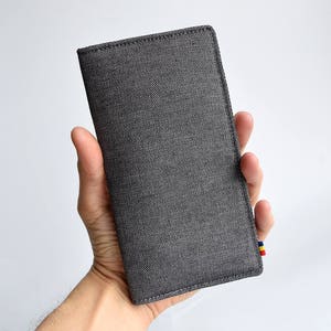 Billetera vegana gris, cartera vegana de la mujer, cartera de dos veces alto, cartera minimalista de algodón pesado