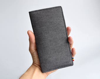 Gray vegan wallet, Woman's vegan wallet, Tall bifold wallet, Minimalist heavy cotton wallet