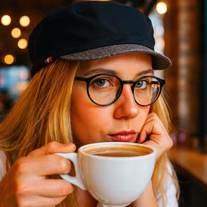 Puede incluir: Una gorra de estilo boina negra con visera gris y una pequeña etiqueta tricolor en el lateral, combinada con gafas redondas de montura negra. La gorra presenta una corona estructurada y una visera corta y rígida.