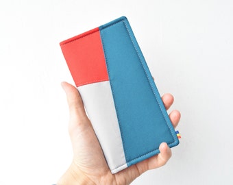 Red Teal Grey Vegan Bifold Wallet: Slim Minimalist Design