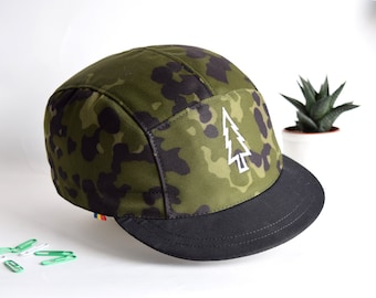 Pine tree embroidered 5 panel hat, White embroidery, Dark green camo snapback hat