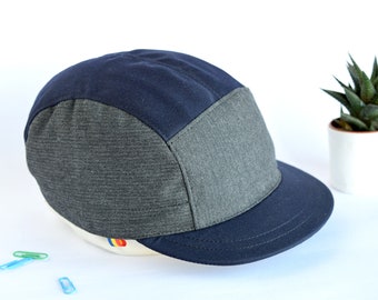 Grey and navy strapback hat, Medium brim cotton 5 panel cap
