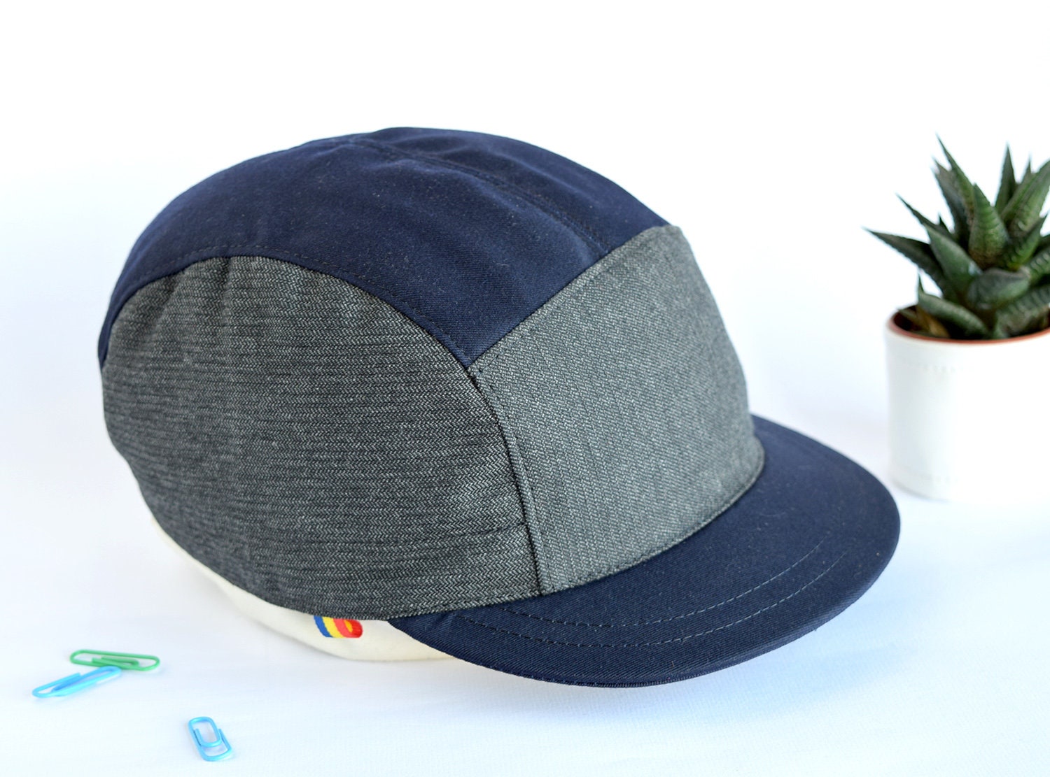 Grey and Navy Strapback Hat, Medium Brim Cotton 5 Panel Cap
