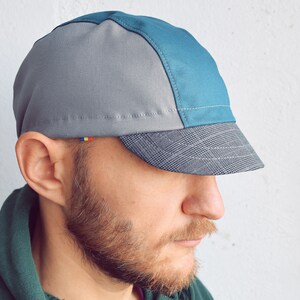 Cotton cycling cap, Teal, grey and tartan check, Grey and green cycling cap, Cycle hat, Bike messenger cap