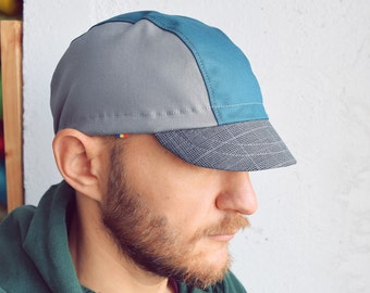 Cotton cycling cap, Teal, grey and tartan check, Grey and green cycling cap, Cycle hat, Bike messenger cap