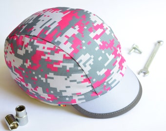 Casquette de cycliste camouflage numérique en spandex, motif rose et gris