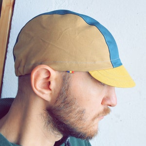 Earthtones cycling cap, Teal, Gold, Ochre cap, Cycle hat, Bicycle cap, Teal cap, Gold cap, Green image 2